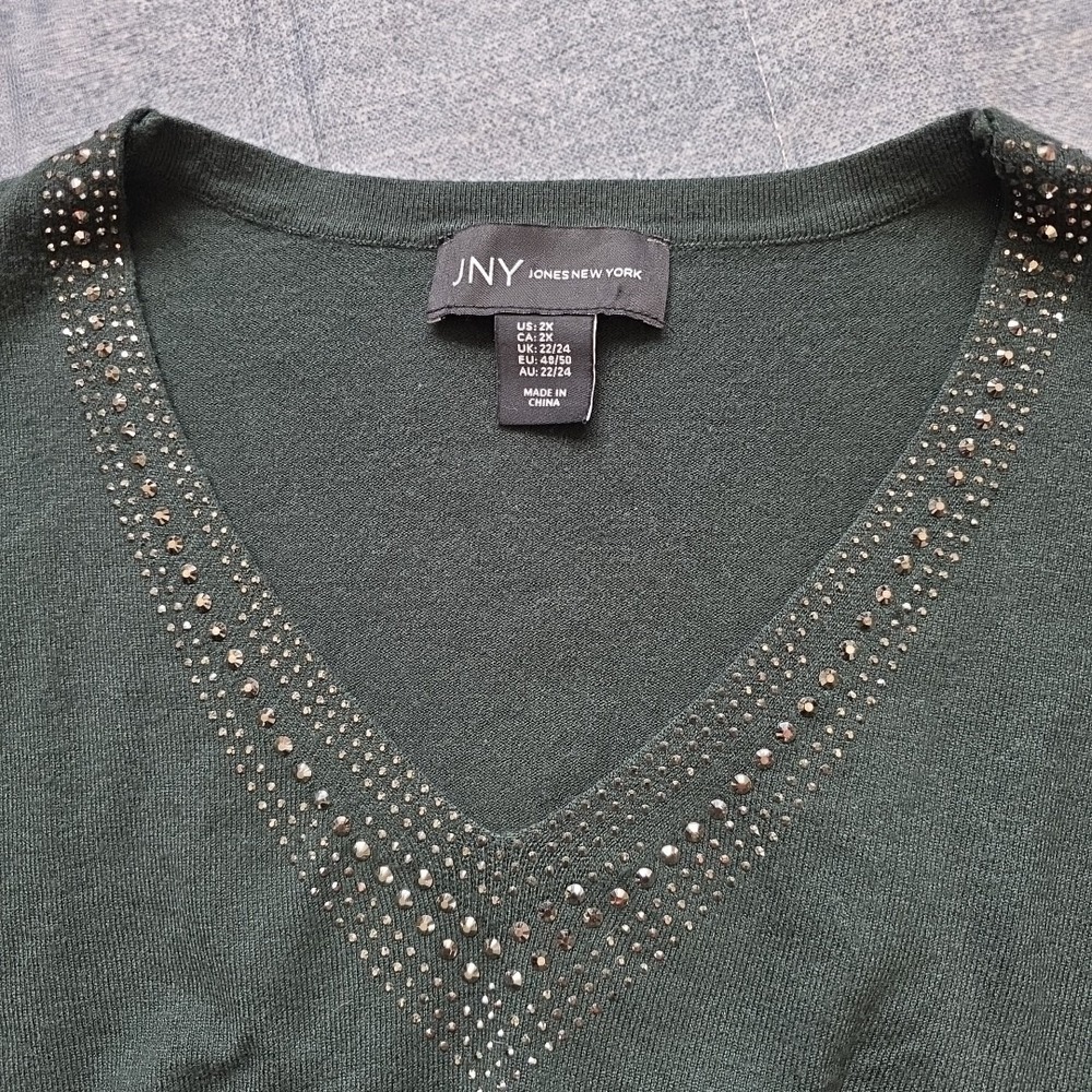 Jones New York JNY Dark Green Studded V-Neck Sweater Plus Size 2X